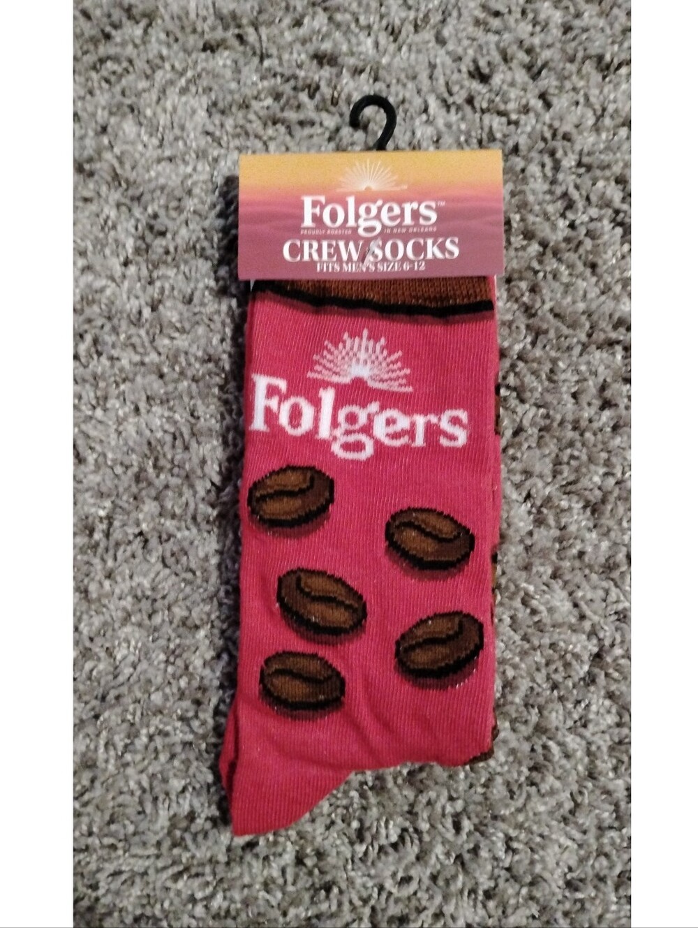 New Folgers Coffee Men's Crew Socks (Size 6-12) - Red Coffee Bean Novelty Socks